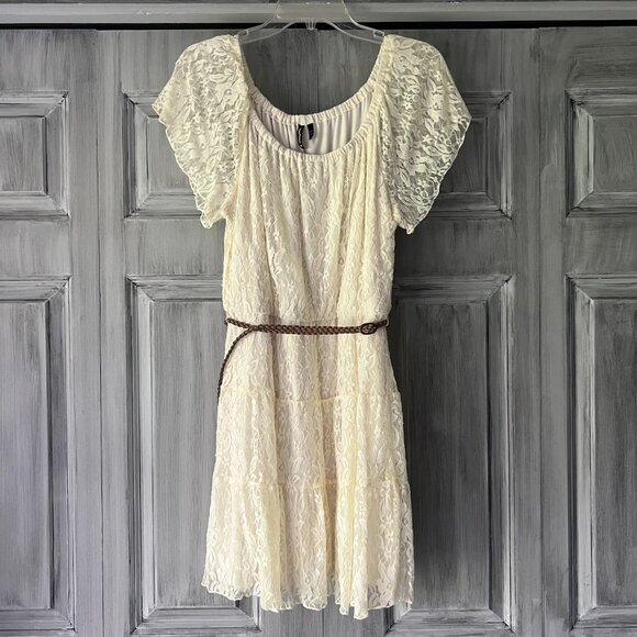 HeartSoul Ivory Flutter Sleeve Lace Dress with Skinny Brown Braided Belt Size L - Picture 2 of 10